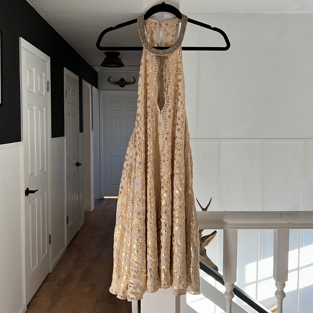 Urban outfitters cream and gold metallic star print tunic dress racer back large